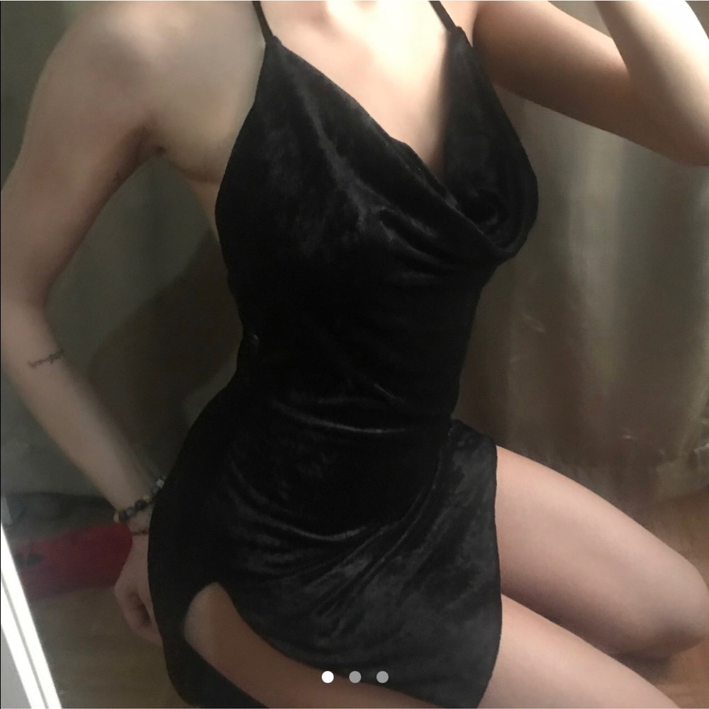 Black crushed velvet black cowl dress
